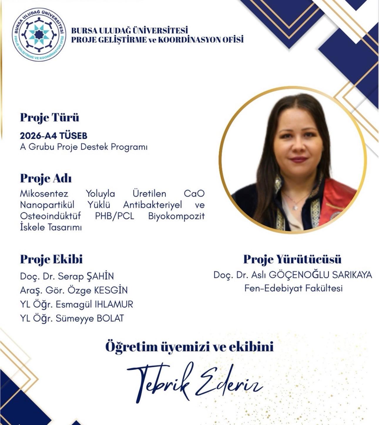TÜSEB 2026-A4 A Grubu Proje Destek Programı Kapsamında Bölümümüz Öğretim Üyesine Proje Desteği